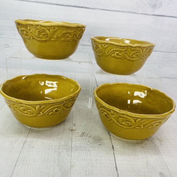 Chris Madden JC Penny CORVELLA GOLD  Embossed Scrolls Stoneware Bowls Set of 4 - Picture 3 of 16